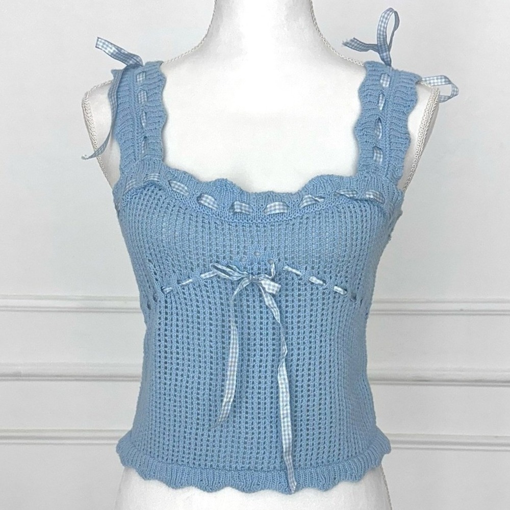 Lush Crochet Knit Tank Top Women Small Blue Gingham Coquette Cottagecore Coastal